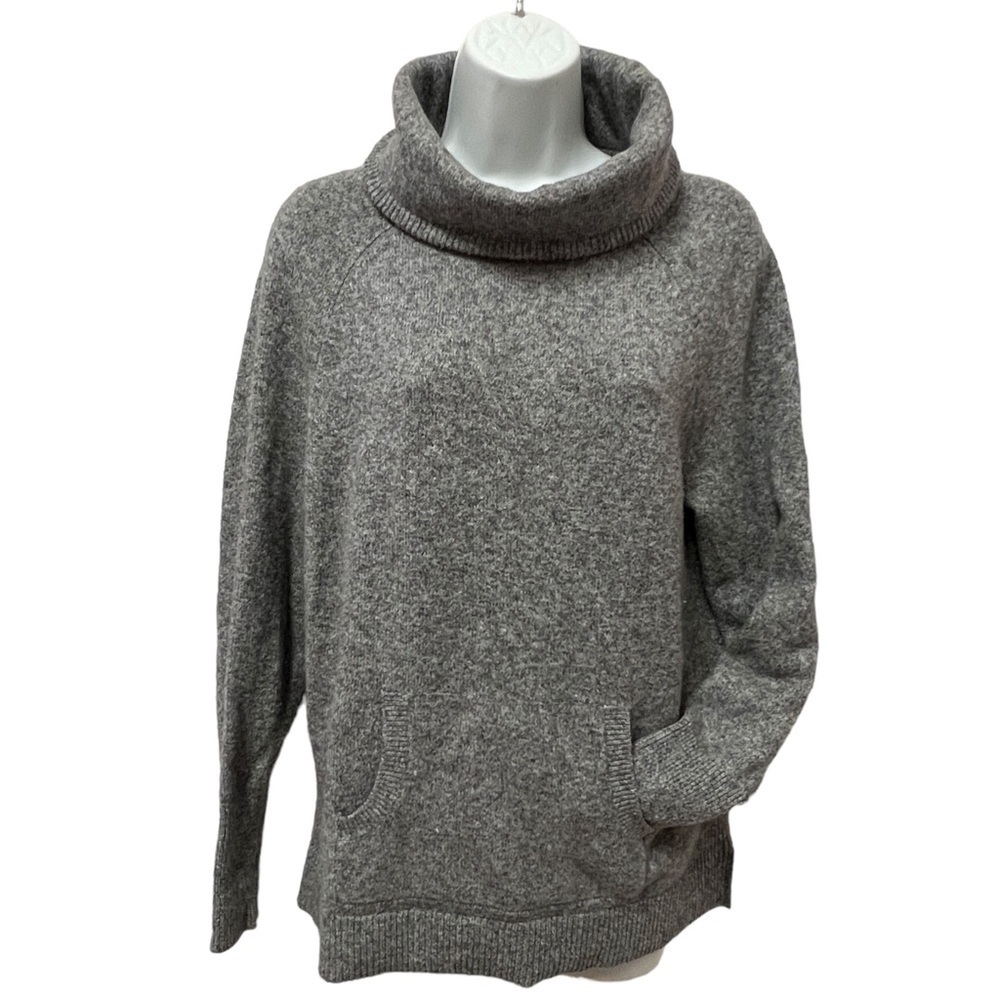 LOFT Women’s Cozy Gray Cotton Blend Cowl Neck Sweater, Kangaroo Pockets, Medium
